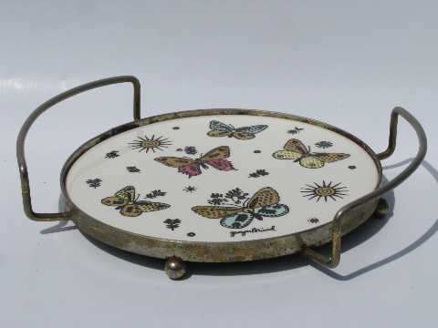 Vintage 60's ceramic tile buffet trivet, retro butterflies, signed Briard