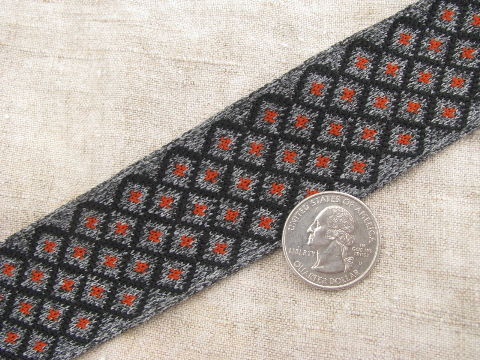 Vintage 60s sewing trim, retro orange dots on grey, heavy poly knit