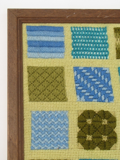 Vintage 70s modern art needlepoint stitch sampler picture, framed hanging