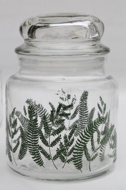 vintage Anchor Hocking glass kitchen canister jars, green fern print & retro flowers