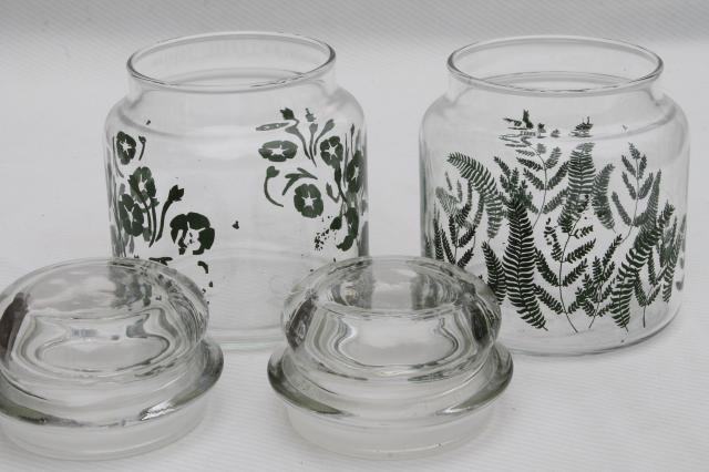 vintage Anchor Hocking glass kitchen canister jars, green fern print & retro flowers