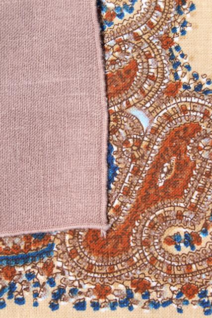 vintage Anne Klein paisley print border pure linen tablecloth, solid napkins