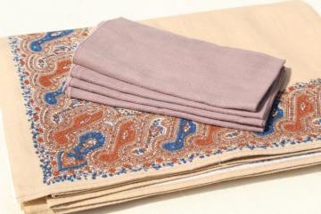 vintage Anne Klein paisley print border pure linen tablecloth, solid napkins
