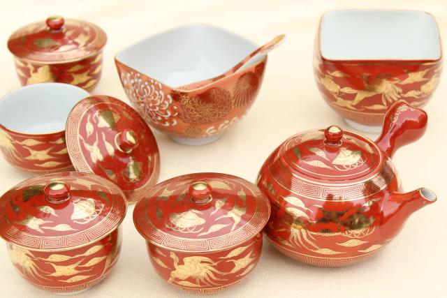 vintage Arita Japan hand painted porcelain tea set, cinnabar red & gold phoenix dragon 