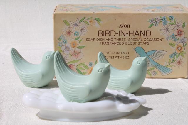 vintage Avon bird in hand guest soaps set, milk glass soap dish w/ bluebird soap