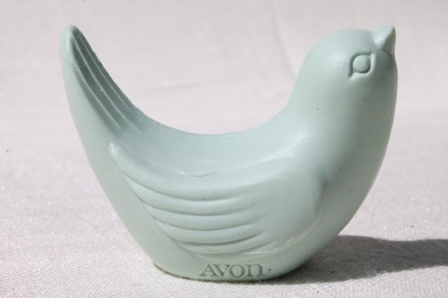 vintage Avon bird in hand guest soaps set, milk glass soap dish w/ bluebird soap