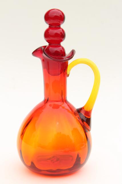 vintage Blenko amberina glass cruet bottle w/ bubble stopper, retro art glass