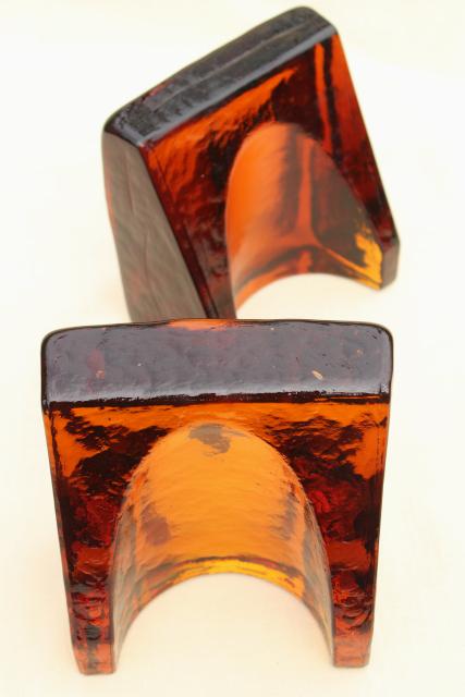 vintage Blenko bookends, root beer amber brown glass arch architectural elements