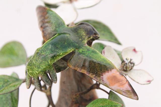 vintage Bovano art metal sculpture copper enamel hummingbird bird on flower, driftwood