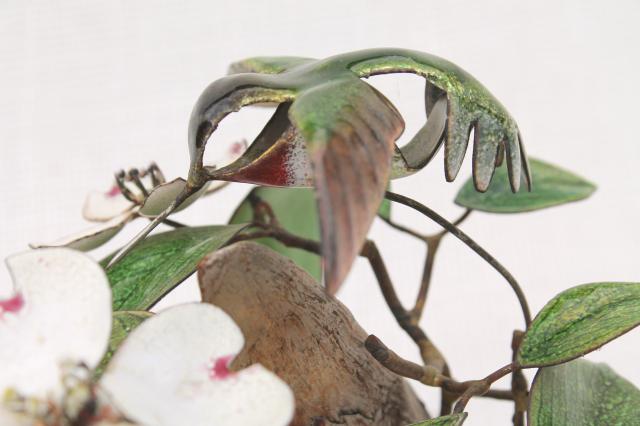vintage Bovano art metal sculpture copper enamel hummingbird bird on flower, driftwood