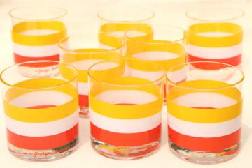 vintage Briard Cabana orange yellow white striped lowball on the rocks bar glasses