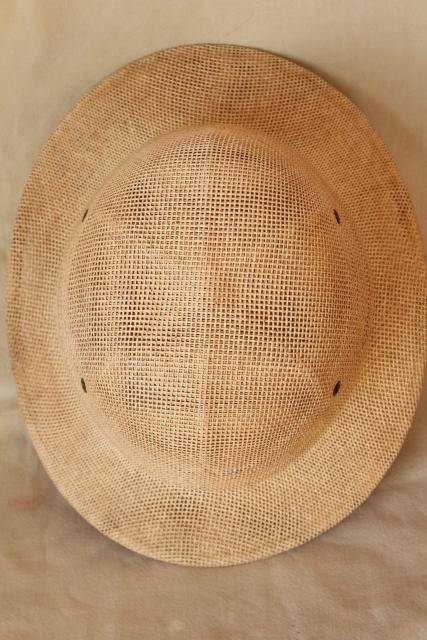 vintage Brookstone sun helmet, safari expedition hard hat woven straw pith helmet