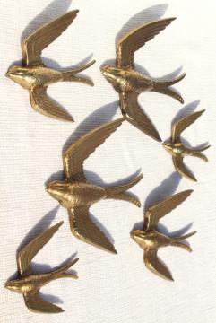 vintage Burwood gold birds, flock of flying swallows, 80s retro wall art plaques