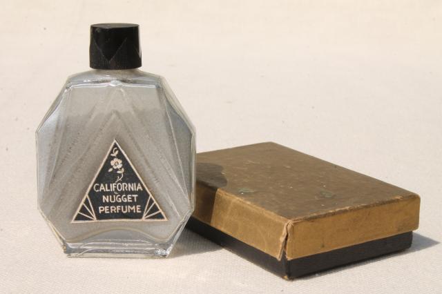 vintage California nugget perfume bottle, silver shimmer glitter powder w/ violet scent