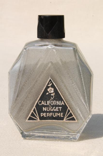 vintage California nugget perfume bottle, silver shimmer glitter powder w/ violet scent