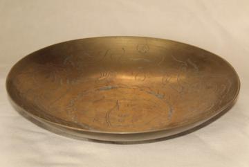 vintage Chinese brass bowl, etched double dragon lucky blessed character
