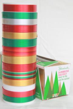 vintage Christmas package tying gift ribbon, satiny rayon ribbons in holiday colors