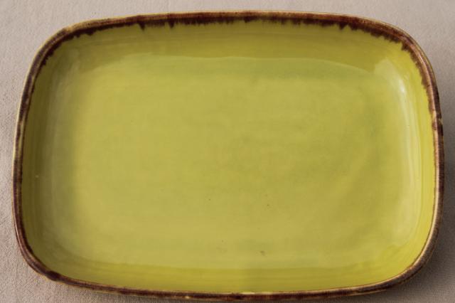 vintage Desert Mist California Rustic drip glaze pottery serving bowl, mod squared shape