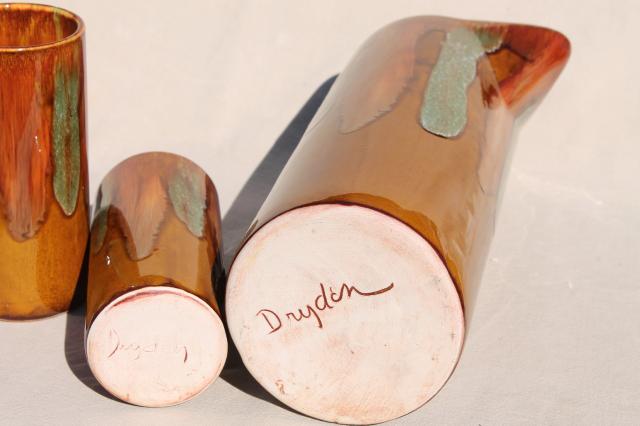 vintage Dryden drip glaze pottery, tall pitcher & drinking glasses, mod cocktail set!