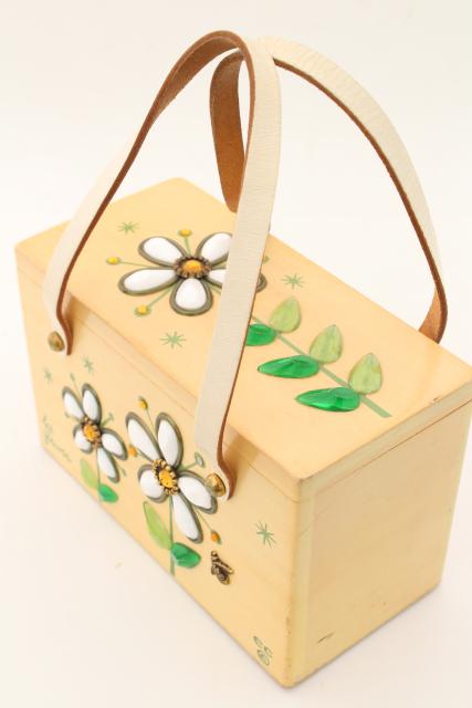 vintage Enid Collins box bag purse, jeweled daisy & bee painted wood handbag