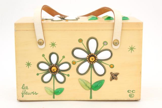 vintage Enid Collins box bag purse, jeweled daisy & bee painted wood handbag