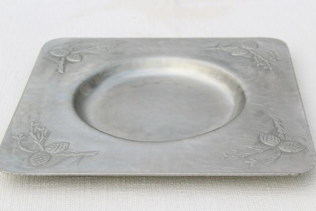 vintage Everlast hand forged hammered aluminum, pine cones square platter for casserole bowl