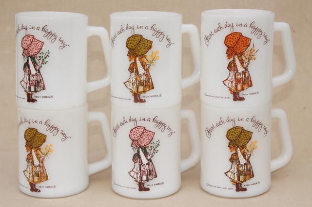 vintage Federal glass coffee cups, 6 Holly Hobbie mugs, start each day in a happy way