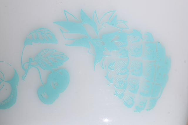 vintage Federal glass kitchen mixing bowl aqua Fruit Fare print pattern milk glass