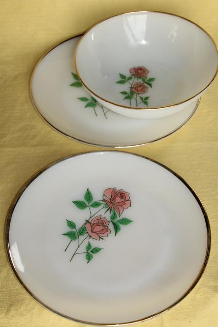 vintage Fire King Anniversary Rose pink roses milk glass plates & serving bowl