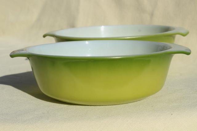 vintage Fire King glass casserole dishes, avocado lime green color fade ombre