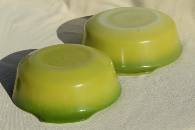 vintage Fire King glass casserole dishes, avocado lime green color fade ombre