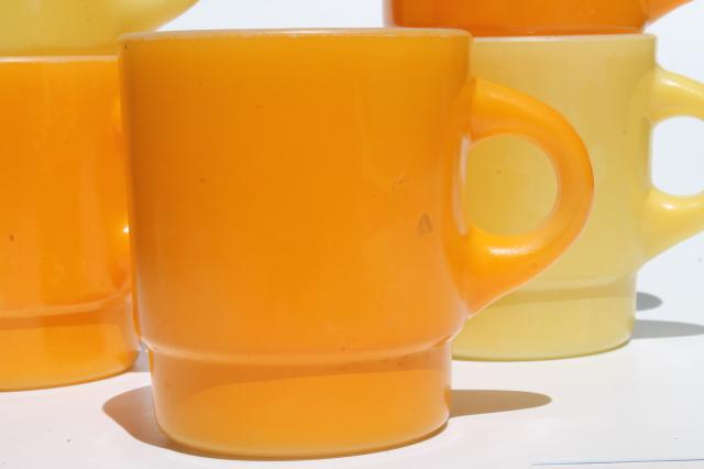 vintage Fire King glass coffee mugs, retro orange & yellow gold color milk glass