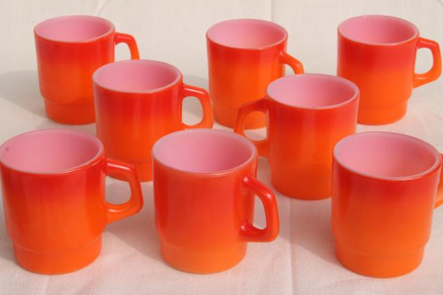 vintage Fire King glass coffee mugs, vivid flame orange ombre fade color milk glass