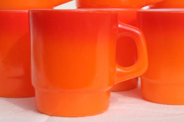 vintage Fire King glass coffee mugs, vivid flame orange ombre fade
