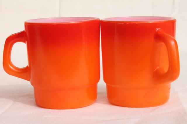 vintage Fire King glass coffee mugs, vivid flame orange ombre fade color milk glass