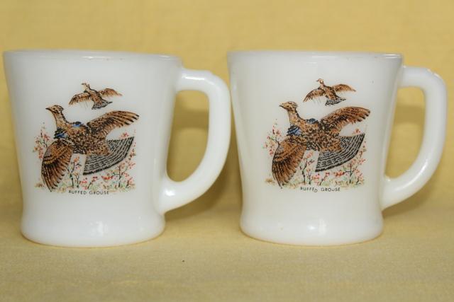 vintage Fire King milk glass coffee mugs, game birds - flying ducks and grouse