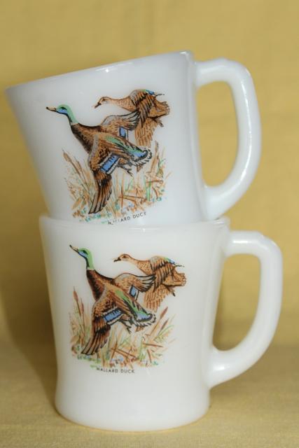 vintage Fire King milk glass coffee mugs, game birds - flying ducks and grouse