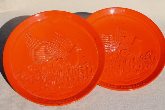 vintage Frankoma pottery plates in flame orange red glaze, Phoenix bird rising from ashes