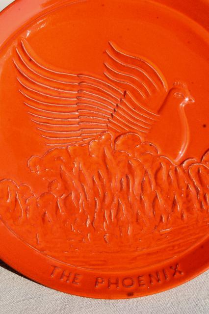 vintage Frankoma pottery plates in flame orange red glaze, Phoenix bird rising from ashes