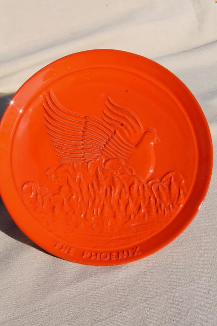 vintage Frankoma pottery plates in flame orange red glaze, Phoenix bird rising from ashes