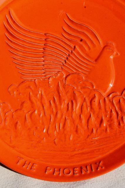 vintage Frankoma pottery plates in flame orange red glaze, Phoenix bird rising from ashes