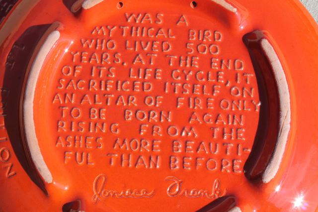 vintage Frankoma pottery plates in flame orange red glaze, Phoenix bird rising from ashes