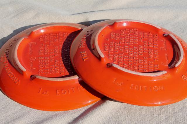 vintage Frankoma pottery plates in flame orange red glaze, Phoenix bird rising from ashes