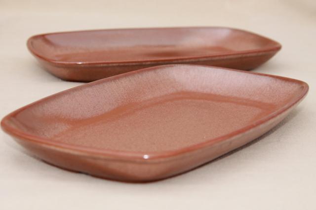 vintage Frankoma pottery, small platters, Plainsman brown squared oval plates