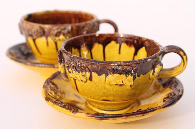 vintage French Sarreguemines majolica tea set, cups & saucers w/ tall teapot or coffee pot