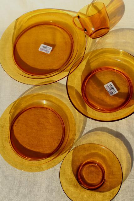 vintage French kitchen glassware amber glass dishes set, unused Vereco Duralex 