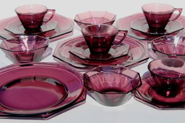 vintage Hazel Atlas Moroccan amethyst glass tea set luncheon dishes, octagon shape