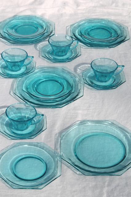 vintage Hazel Atlas capri blue aqua glass dishes set, Octagon octagonal shape