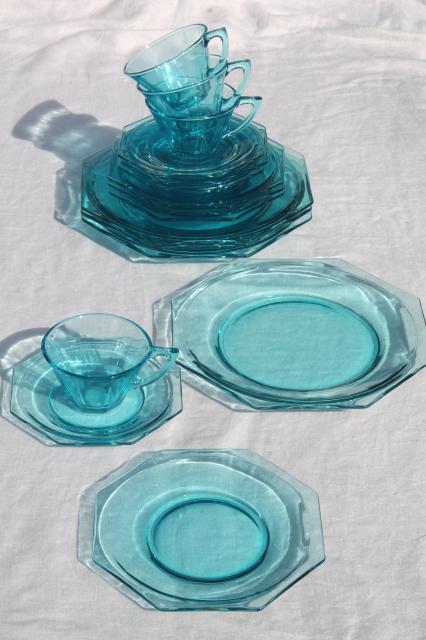 vintage Hazel Atlas capri blue aqua glass dishes set, Octagon octagonal shape