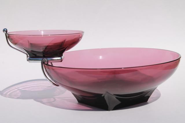 vintage Hazel Atlas moroccan amethyst glass chip & dip set, square base round bowls